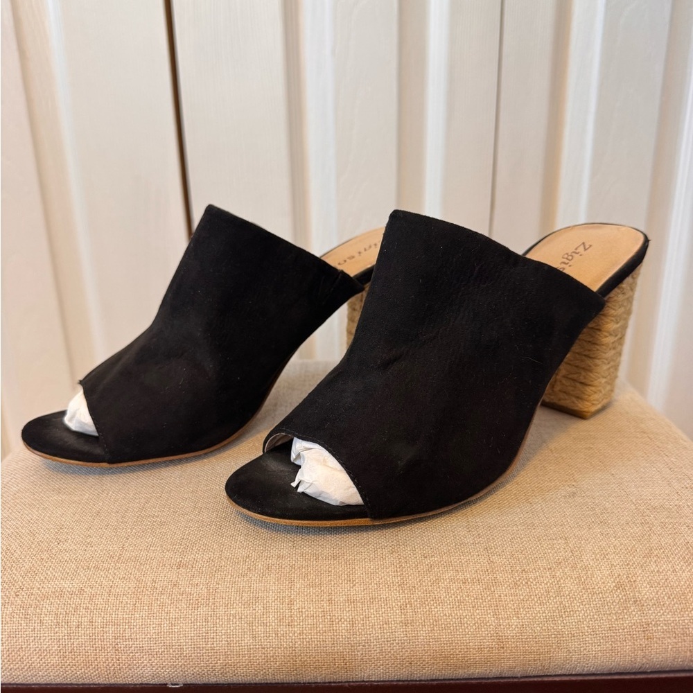 Zigi Soho Black Open Toe Slip On Mules Wrapped Woven Block Heel Size 9.5 - Picture 3 of 9